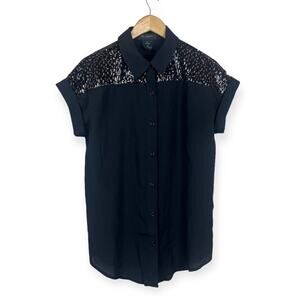 MM COUTURE Miss Me Black Collared Sequin Shoulder Button Front Shirt MEDIUM